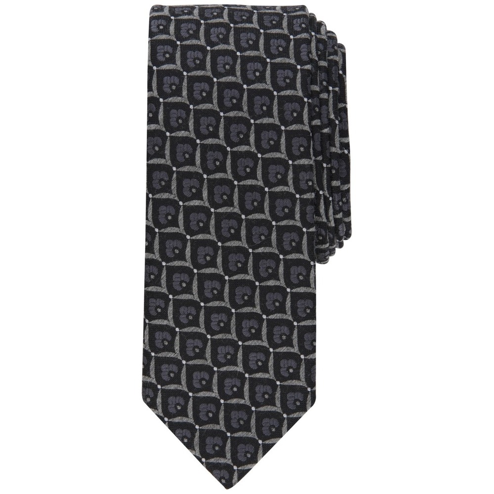 Bar III Mens Tie One Size Grey Percy Skinny Neat Geometric Floral Necktie NWT